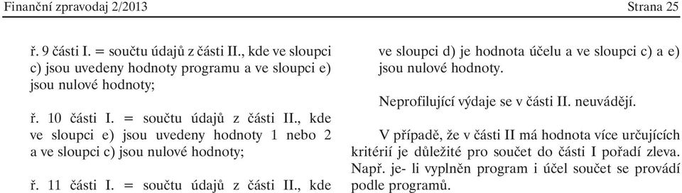 , kde ve sloupci e) jsou uvedeny hodnoty 1 nebo 2 a ve sloupci c) jsou nulové hodnoty; ř. 11 části I. = součtu údajů z části II.