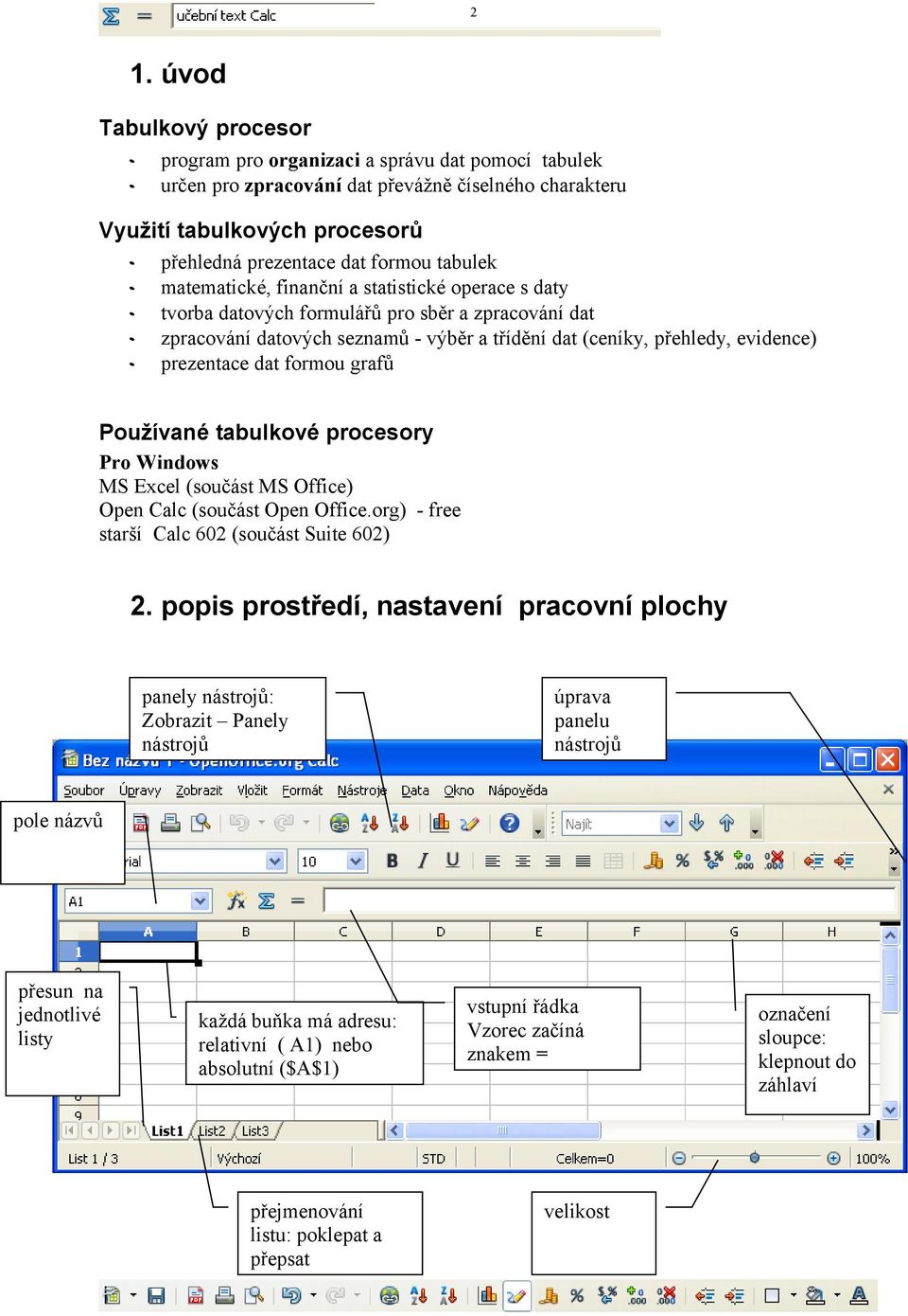 prezentace dat formou grafů Používané tabulkové procesory Pro Windows MS Excel (součást MS Office) Open Calc (součást Open Office.org) - free starší Calc 602 (součást Suite 602) 2.