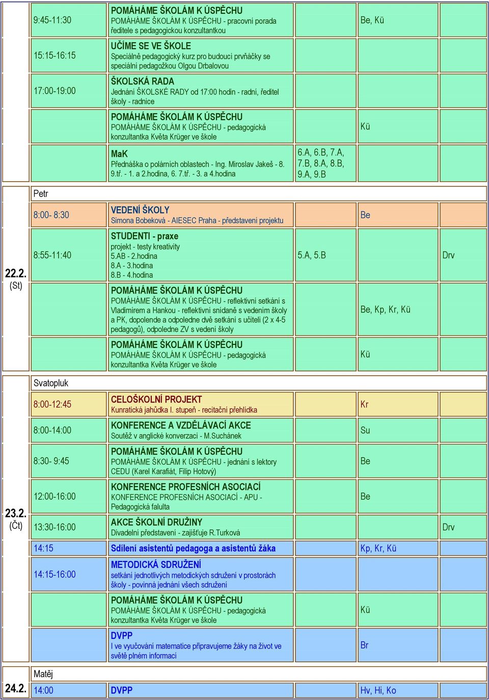 hodina 6.A, 6.B, 7.A, 7.B, 8.A, 8.B, 9.A, 9.B Petr 8:00-8:30 Simona Bobeková - AIESEC Praha - představení projektu 22.2. 8:55-11:40 STUDENTI - praxe projekt - testy kreativity 5.AB - 2.hodina 8.A - 3.