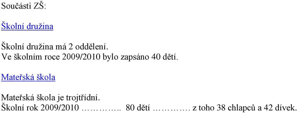 Ve školním roce 2009/2010 bylo zapsáno 40 dětí.