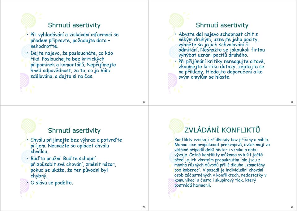 Shrnutí asertivity Abyste dal najevo schopnost cítit s někým druhým, uznejte jeho pocity, vyhněte se jejich schvalování či odmítání. Nesnažte se jakoukoli fintou vyhýbat uznání pocitů druhého.