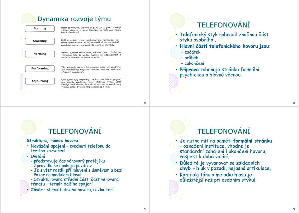 49 50 TELEFONOVÁNÍ Struktura, rámec hovoru : Navázání spojení zvednutí telefonu do třetího zazvonění Uvítání - představuje čas věnovaný protějšku - Zpravidla se opakuje pozdrav - Je slyšet rozdíl při