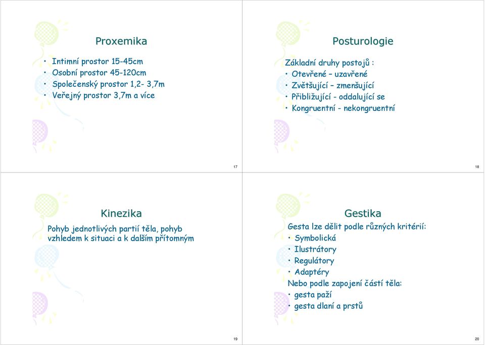 nekongruentní 17 18 Kinezika Pohyb jednotlivých partií těla, pohyb vzhledem k situaci a k dalším přítomným Gestika Gesta lze