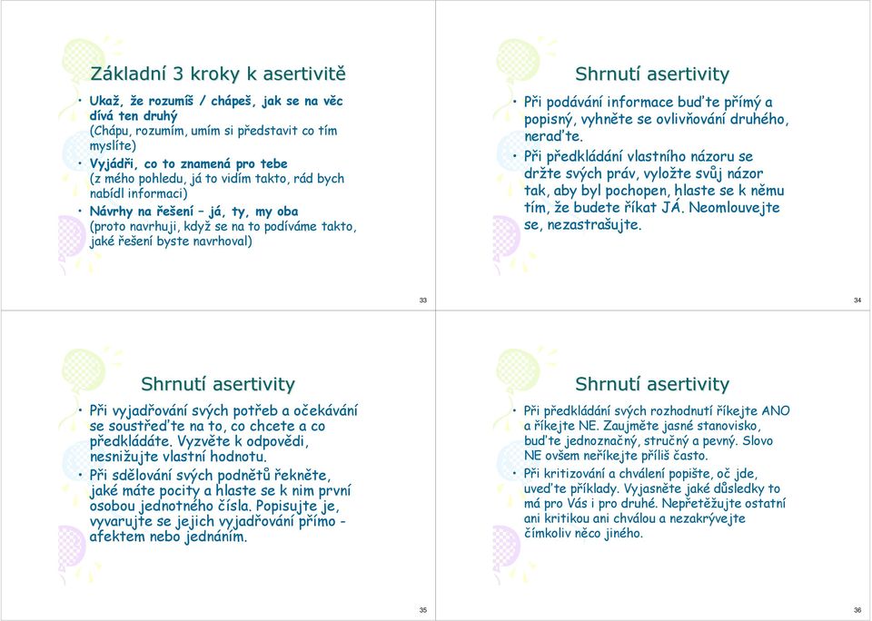 popisný, vyhněte se ovlivňování druhého, neraďte. Při předkládání vlastního názoru se držte svých práv, vyložte svůj názor tak, aby byl pochopen, hlaste se k němu tím, že budete říkat JÁ.