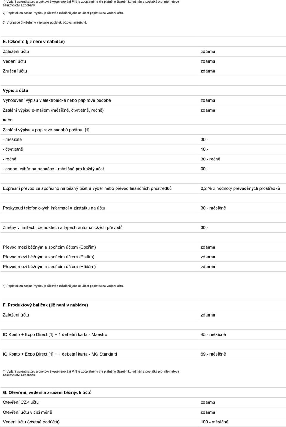 IQkonto (již není v nabídce) Založení účtu Vedení účtu Zrušení účtu Výpis z účtu Vyhotovení výpisu v elektronické nebo papírové podobě Zaslání výpisu e-mailem (měsíčně, čtvrtletně, ročně) nebo