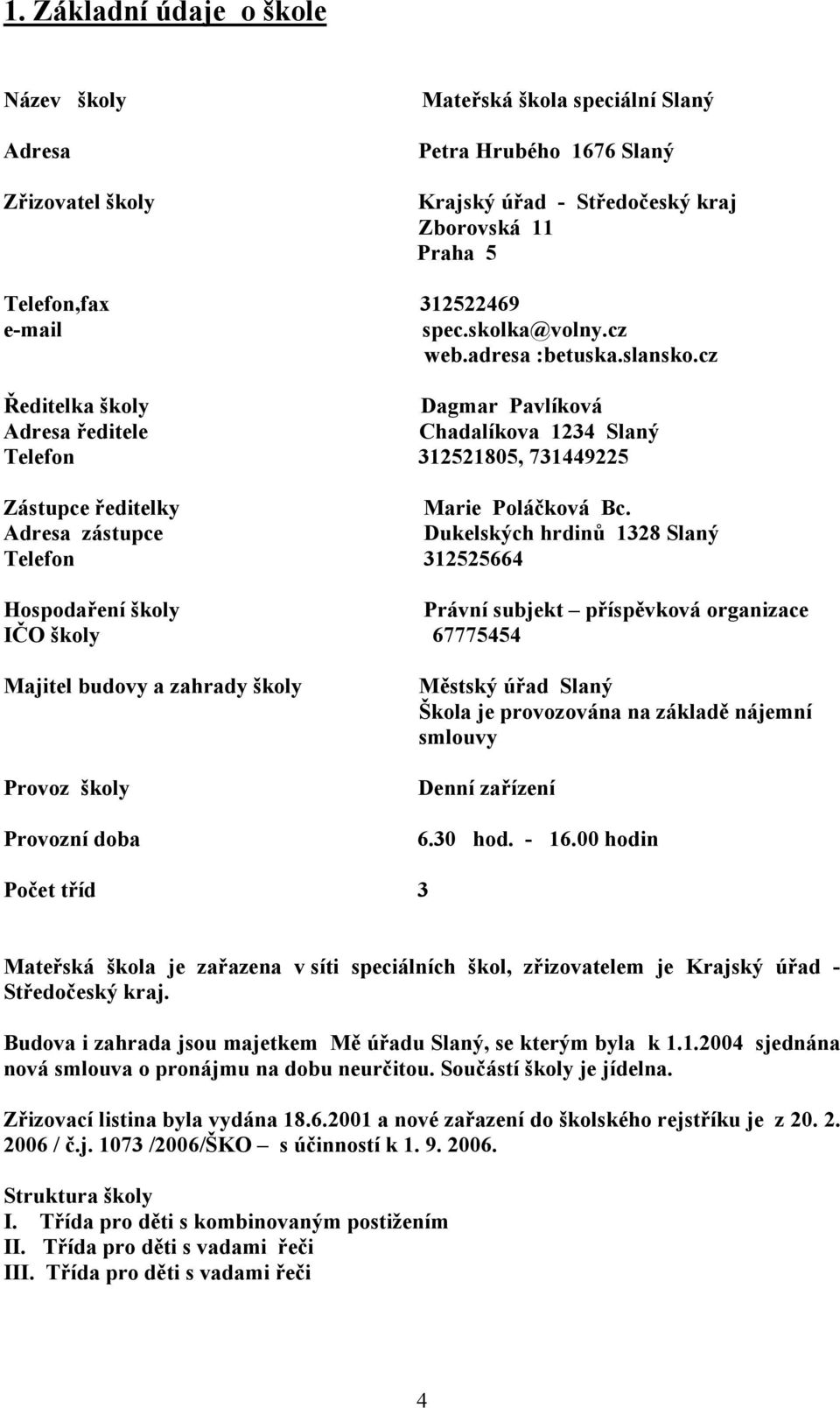 Adresa zástupce Dukelských hrdinů 1328 Slaný Telefon 312525664 Hospodaření školy Právní subjekt příspěvková organizace IČO školy 67775454 Majitel budovy a zahrady školy Provoz školy Provozní doba