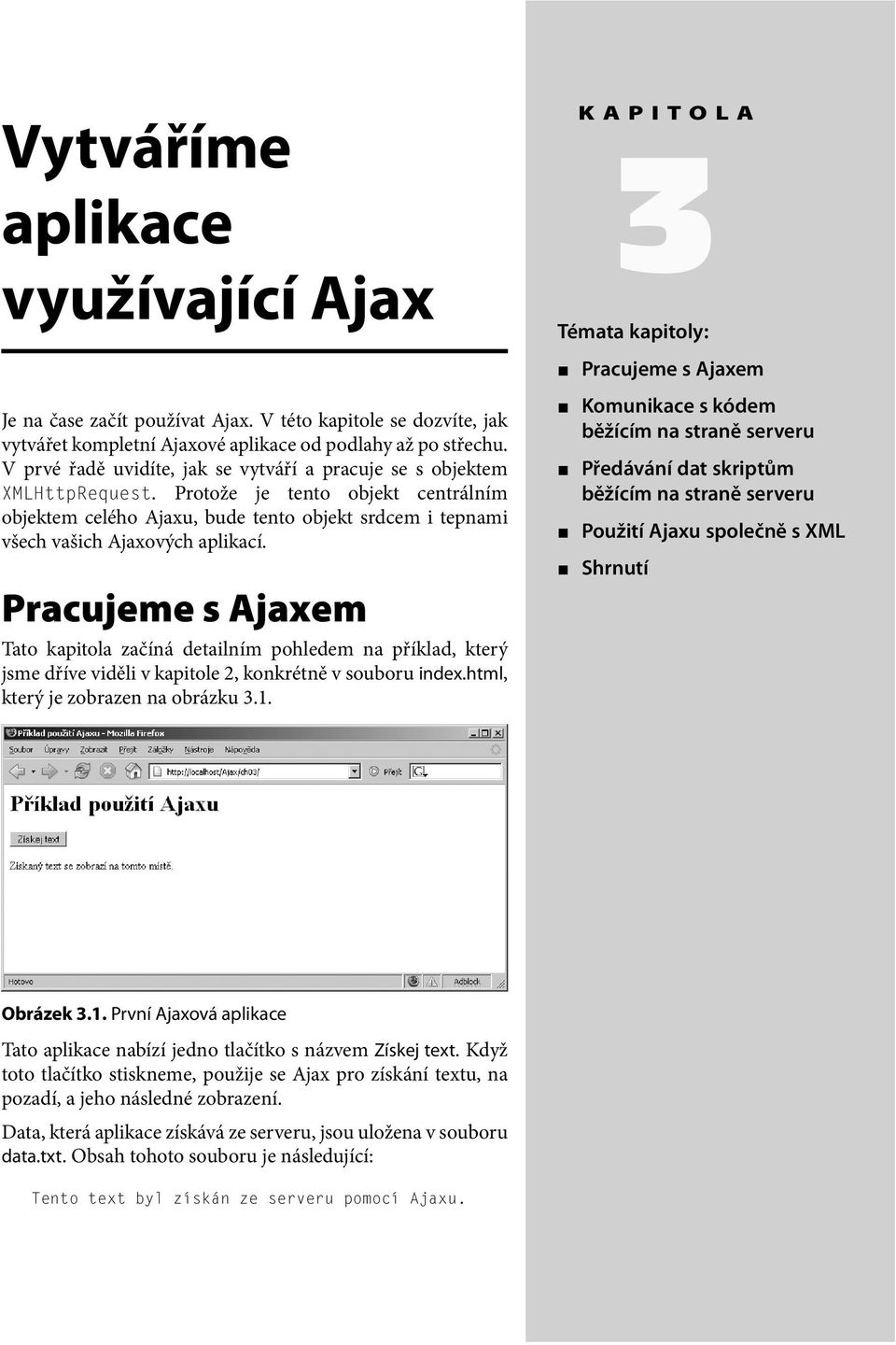 začíná detailním pohledem na příklad, který jsme dříve viděli v kapitole 2, konkrétně v souboru indexhtml, který je zobrazen na obrázku 31 KAPITOLA 3 Témata kapitoly: Pracujeme s Ajaxem Komunikace s