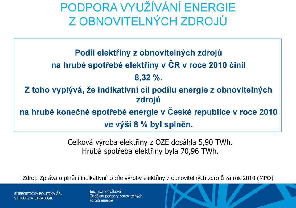 Z toho vyplývá, že indikativní cíl podílu energie z obnovitelných zdrojů na hrubé konečné spotřebě energie v České republice