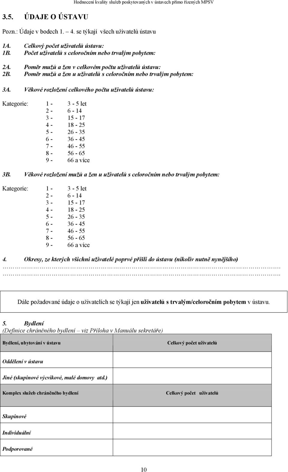 Věkové rozložení celkového počtu uživatelů ústavu: Kategorie: 1-3 - 5 let 2-6 - 14 3-15 - 17 4-18 - 25 5-26 - 35 6-36 - 45 7-46 - 55 8-56 - 65 9-66 a více 3B.
