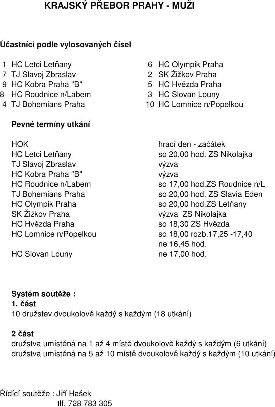 ZS Nikolajka TJ Slavoj Zbraslav výzva HC Kobra Praha "B" výzva HC Roudnice n/labem so 17,00 hod.zs Roudnice n/l TJ Bohemians Praha so 20,00 hod. ZS Slavia Eden HC Olympik Praha so 20,00 hod.