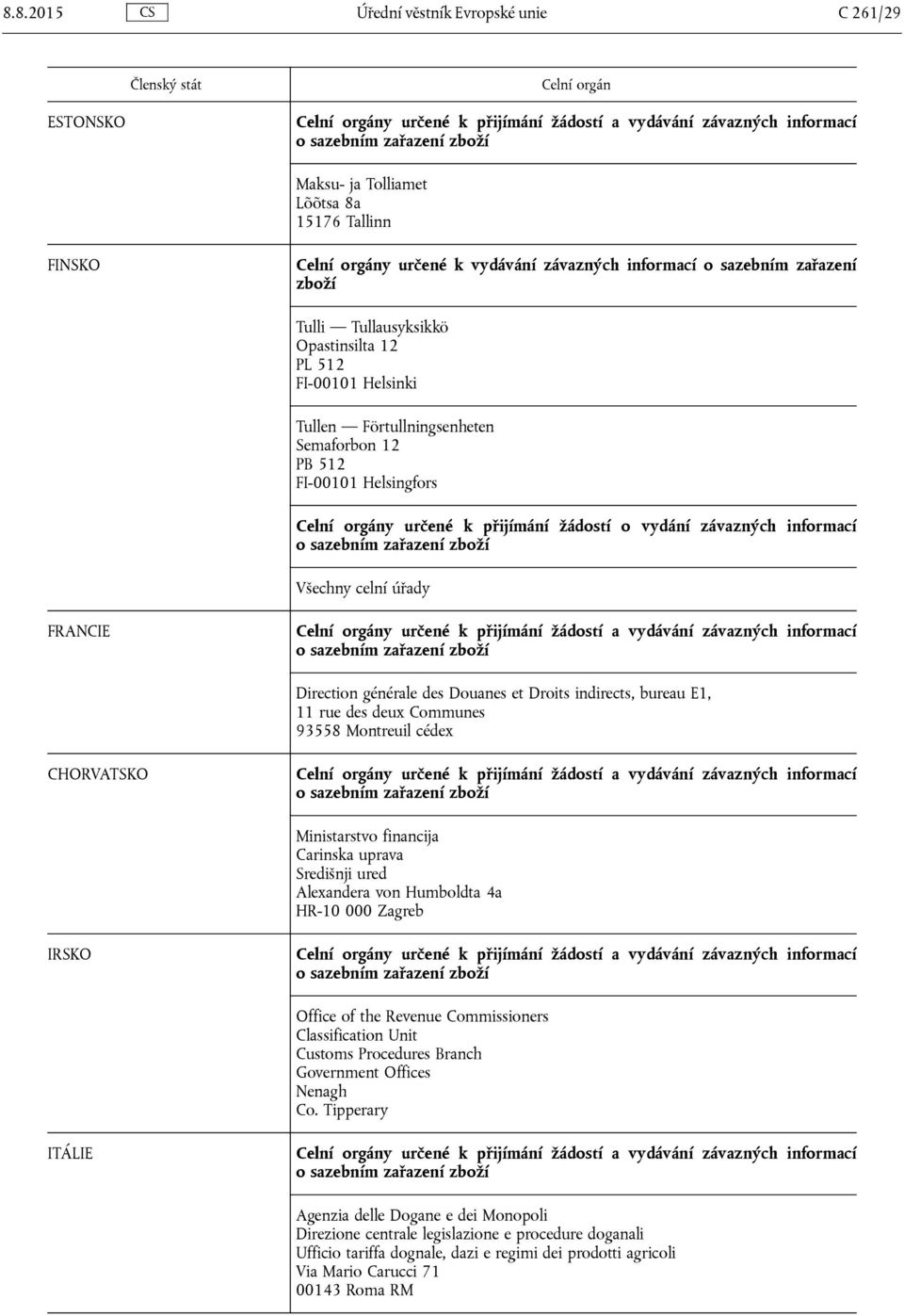 Direction générale des Douanes et Droits indirects, bureau E1, 11 rue des deux Communes 93558 Montreuil cédex CHORVATSKO Ministarstvo financija Carinska uprava Središnji ured Alexandera von Humboldta