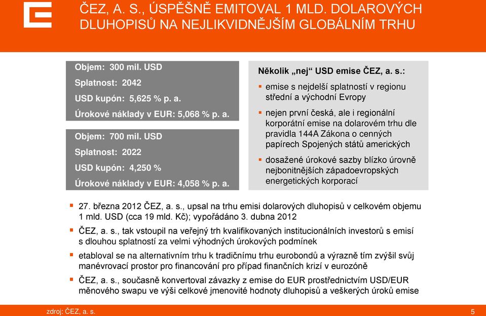 : emise s nejdelší splatností v regionu střední a východní Evropy nejen první česká, ale i regionální korporátní emise na dolarovém trhu dle pravidla 144A Zákona o cenných papírech Spojených států