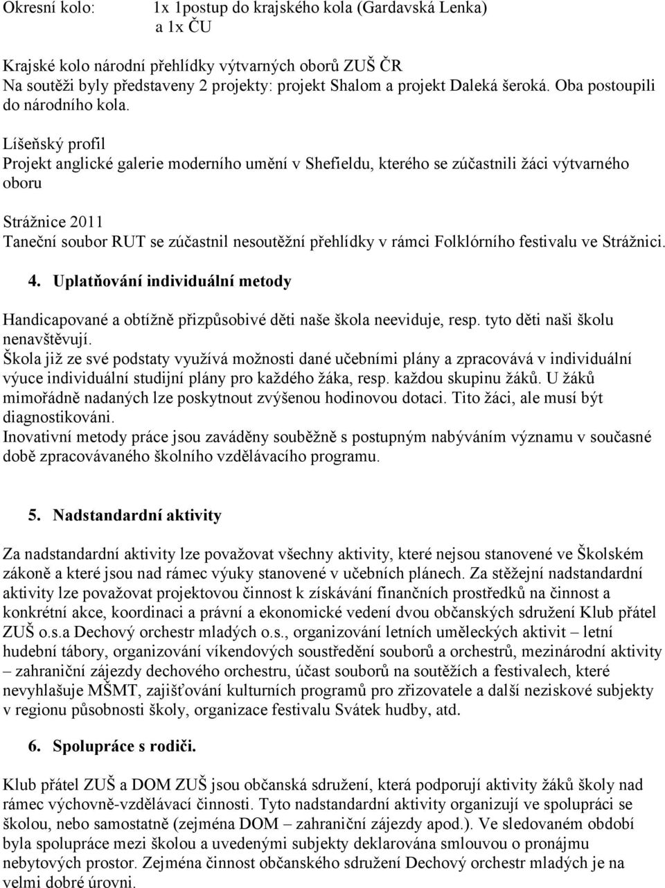 Líšeňský profil Projekt anglické galerie moderního umění v Shefieldu, kterého se zúčastnili žáci výtvarného oboru Strážnice 2011 Taneční soubor RUT se zúčastnil nesoutěžní přehlídky v rámci