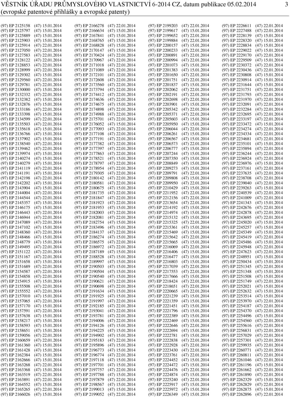 01.2014 (97) EP 2129302 (47) 15.01.2014 (97) EP 2129560 (47) 22.01.2014 (97) EP 2129781 (47) 22.01.2014 (97) EP 2130000 (47) 15.01.2014 (97) EP 2132332 (47) 22.01.2014 (97) EP 2132382 (47) 15.01.2014 (97) EP 2132876 (47) 15.