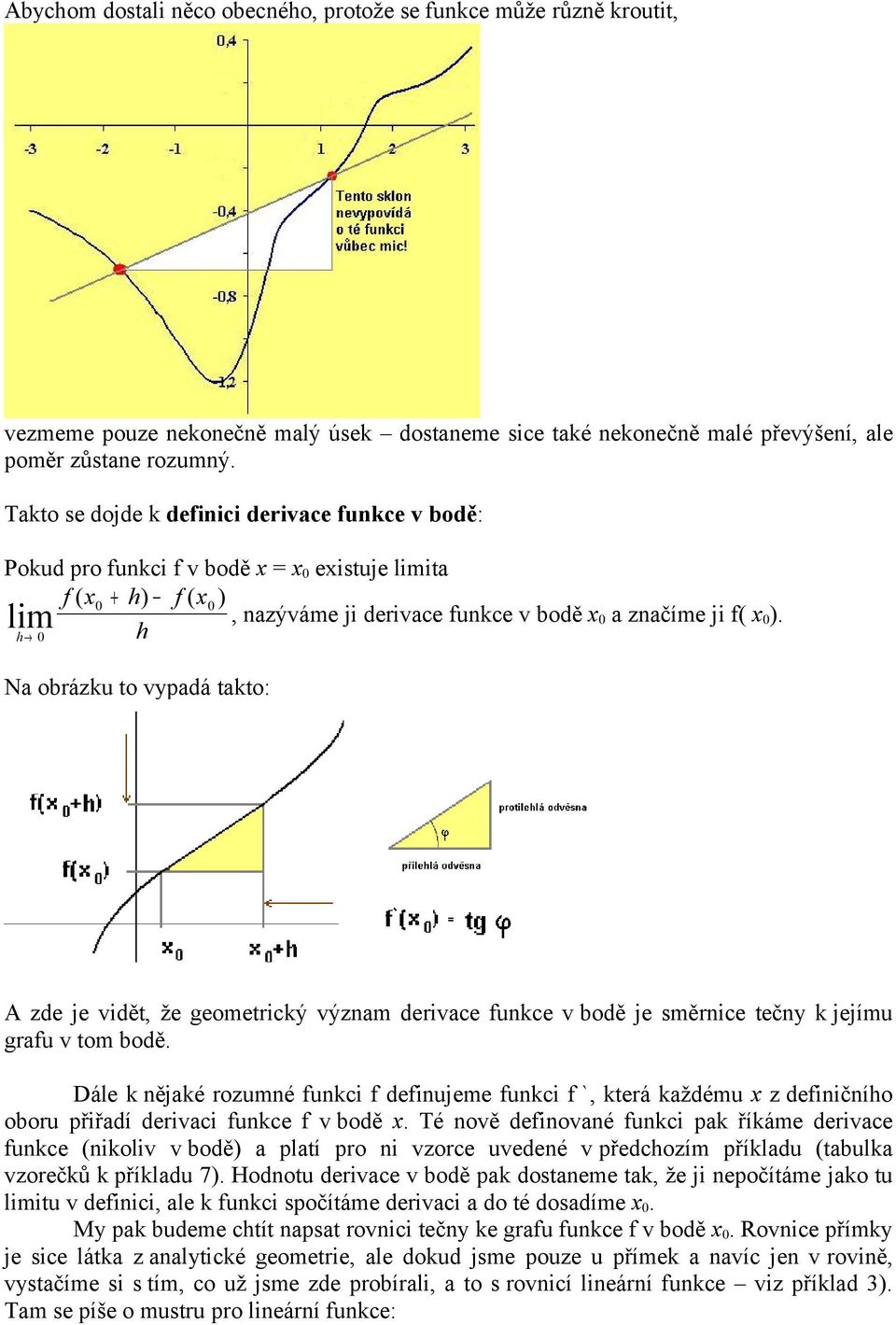 h h 0 Na obrázku to vypadá takto: A zde je vidět, že geometrický význam derivace funkce v bodě je směrnice tečny k jejímu grafu v tom bodě.