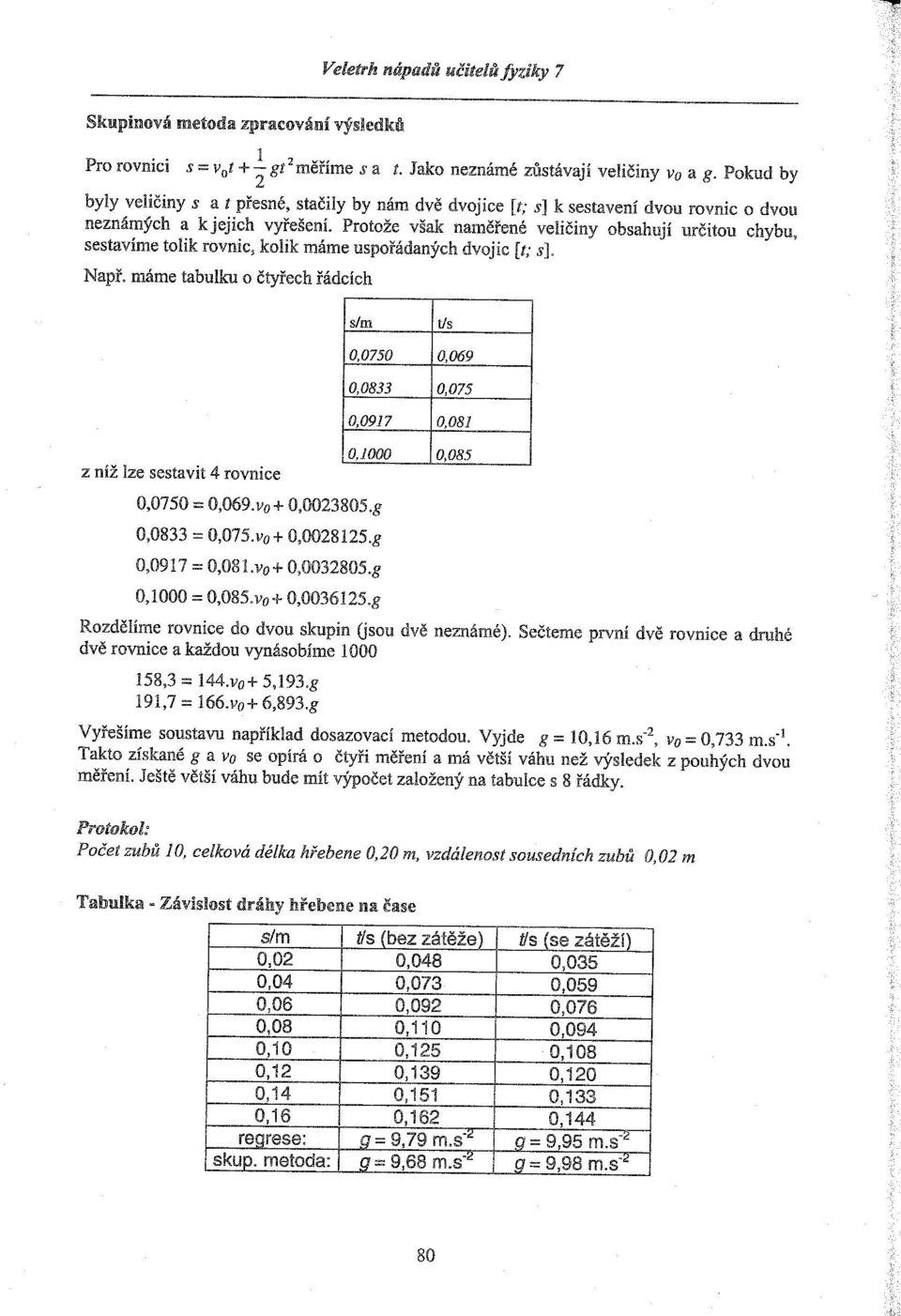 Protože však naměřené veličiny obsahují určitou chybu, sestavíme tolik rovnic, kolik máme uspořádaných dvojic [t; sl. s]. Např.