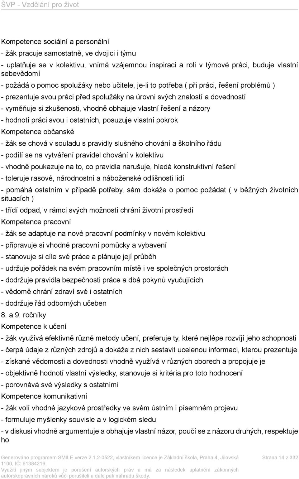 řešení a názory - hodnotí práci svou i ostatních, posuzuje vlastní pokrok Kompetence občanské - žák se chová v souladu s pravidly slušného chování a školního řádu - podílí se na vytváření pravidel