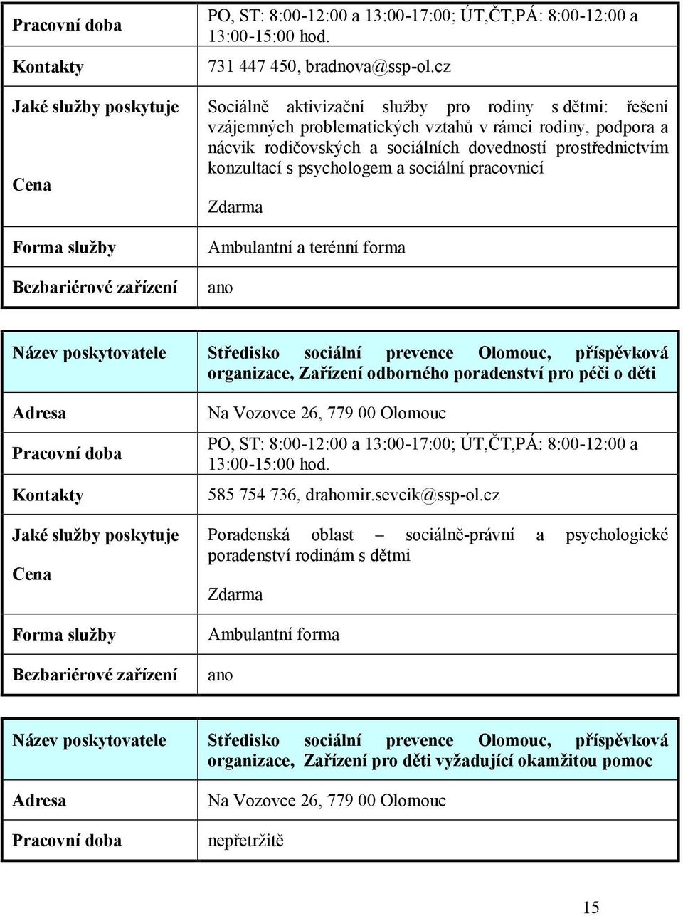 psychologem a sociální pracovnicí Ambulantní a terénní forma Středisko sociální prevence Olomouc, příspěvková organizace, Zařízení odborného poradenství pro péči o děti Na Vozovce 26, 779 00 Olomouc