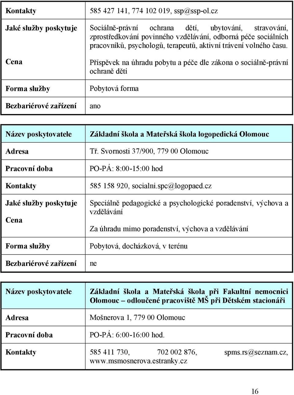 Příspěvek na úhradu pobytu a péče dle zákona o sociálně-právní ochraně dětí Pobytová forma Základní škola a Mateřská škola logopedická Olomouc Tř.