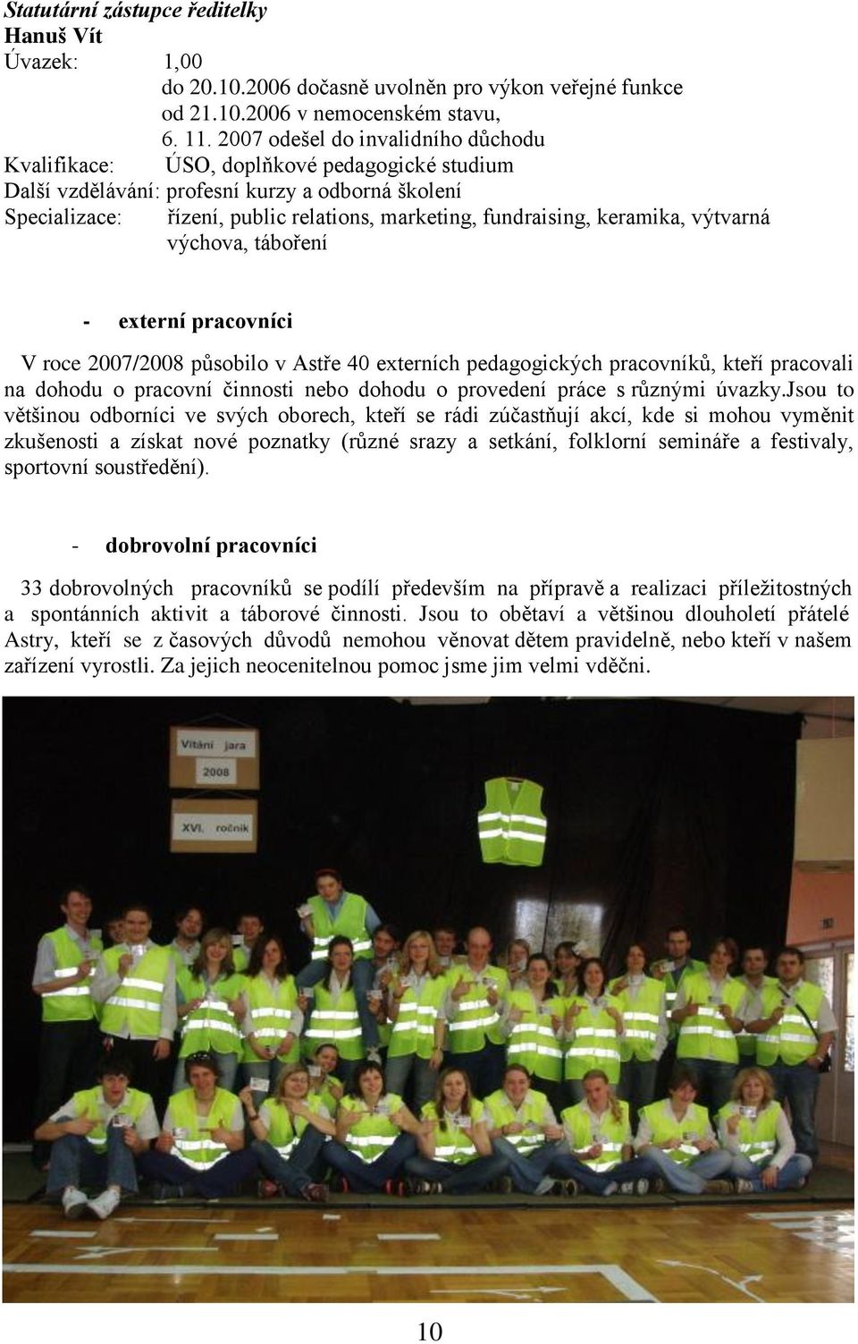 keramika, výtvarná výchova, táboření - externí pracovníci V roce 2007/2008 působilo v Astře 40 externích pedagogických pracovníků, kteří pracovali na dohodu o pracovní činnosti nebo dohodu o