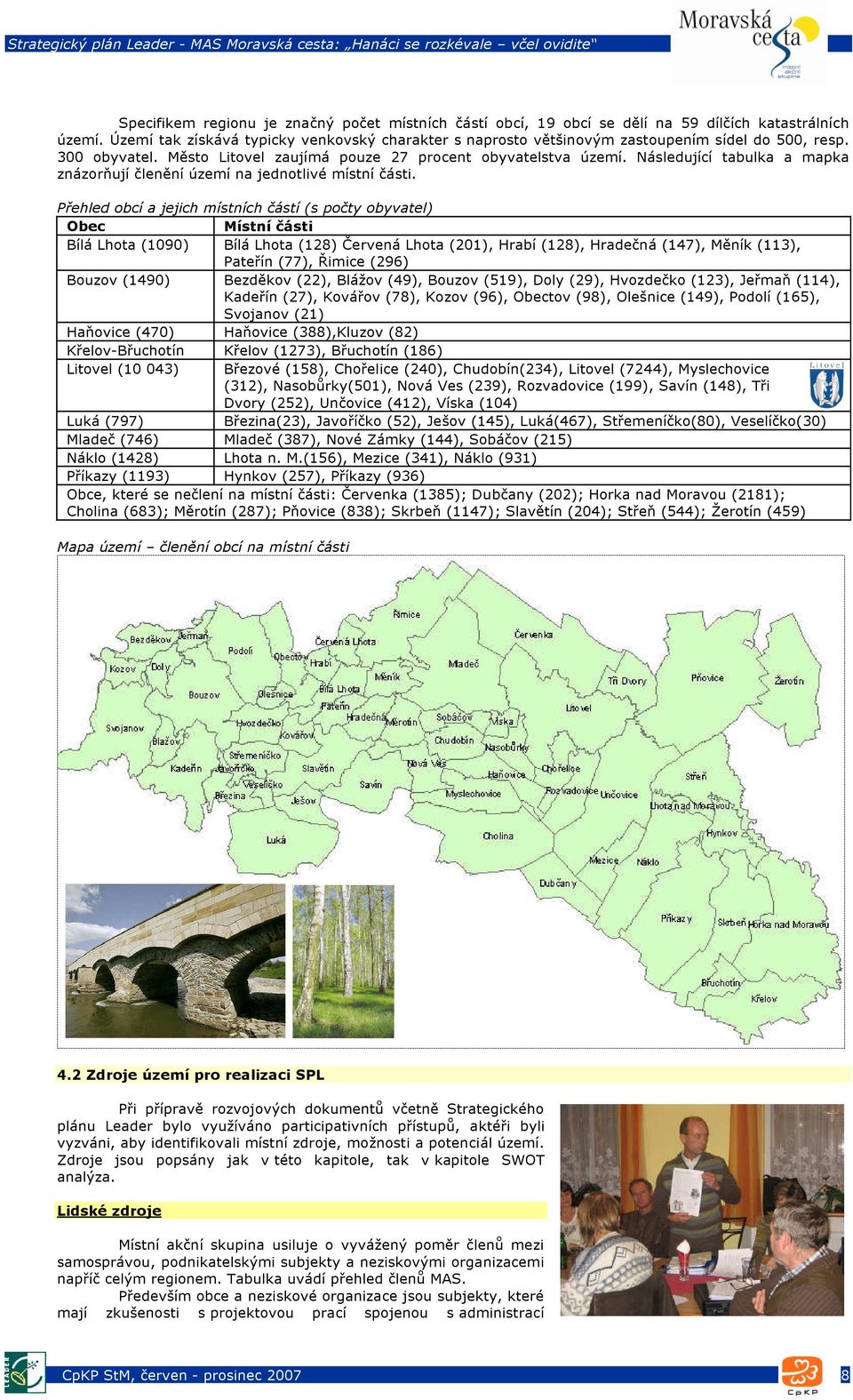 Následující tabulka a mapka znázorňují členění území na jednotlivé místní části.