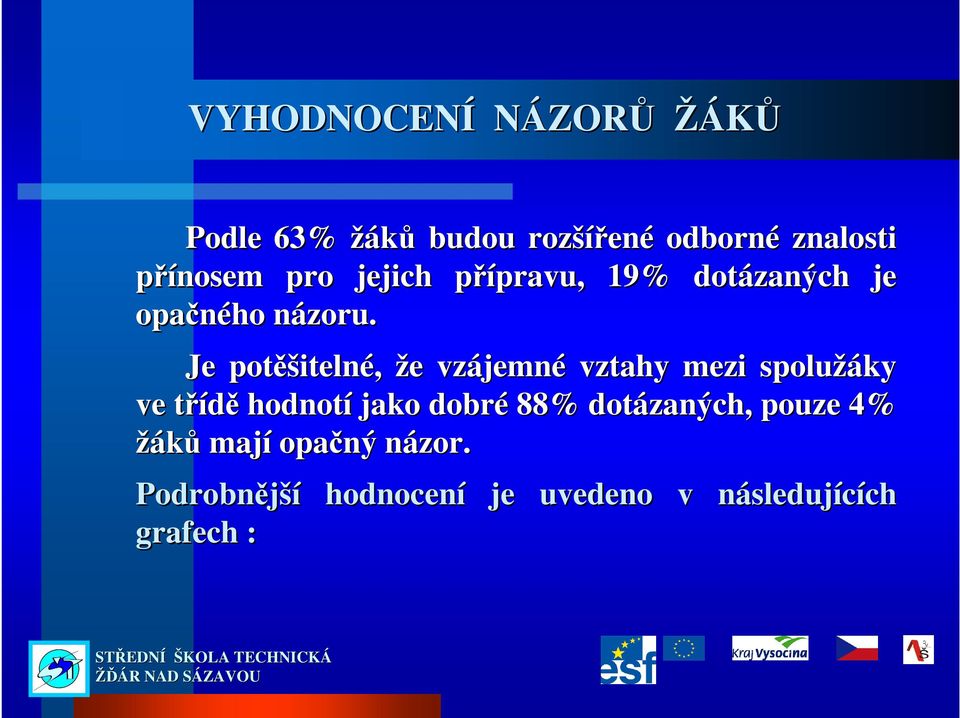 n Je potěšiteln itelné, že e vzájemn jemné vztahy mezi spolužáky ve třídět hodnotí jako