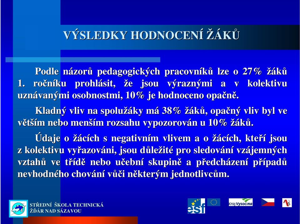 Kladný vliv na spolužáky mám 38% žáků,, opačný vliv byl ve větším m nebo menší ším m rozsahu vypozorován n u 10% žáků.