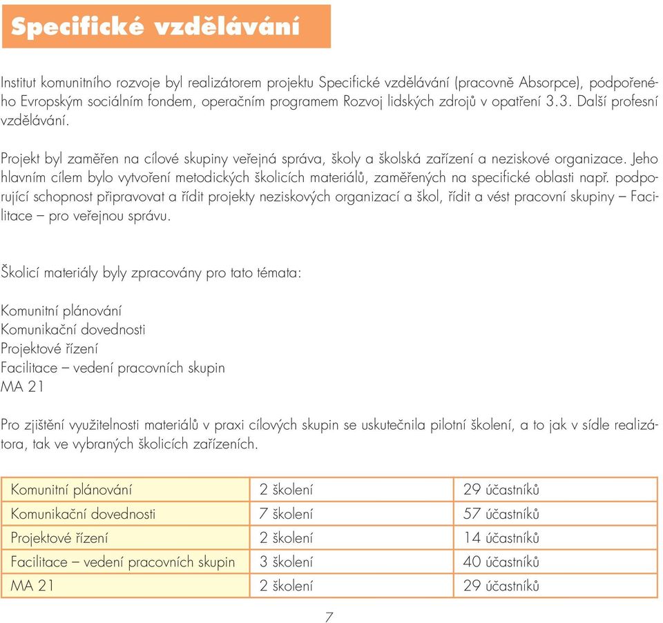 Jeho hlavním cílem bylo vytvoření metodických školicích materiálů, zaměřených na specifické oblasti např.