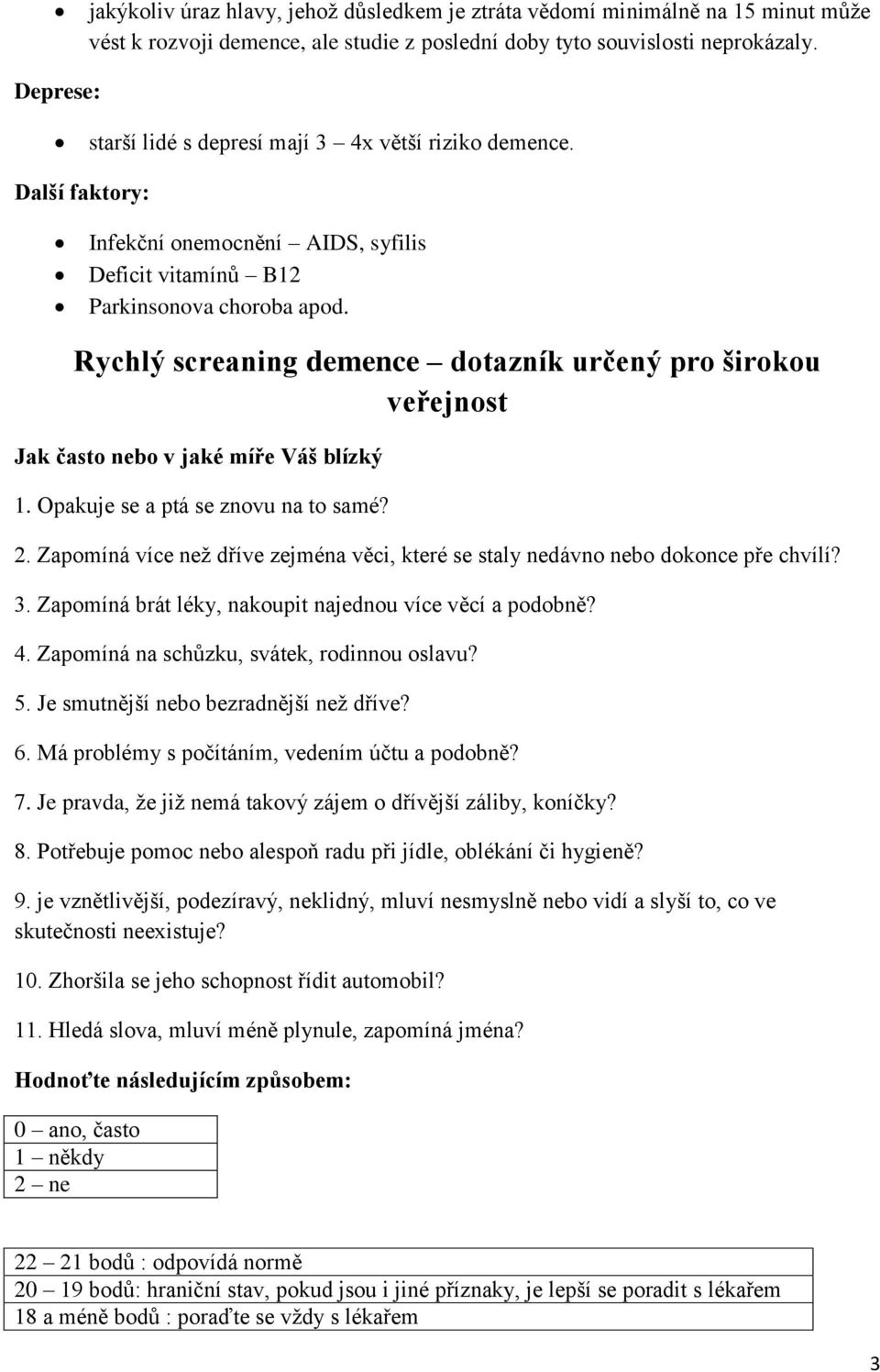 Rychlý screaning demence dotazník určený pro širokou veřejnost Jak často nebo v jaké míře Váš blízký 1. Opakuje se a ptá se znovu na to samé? 2.