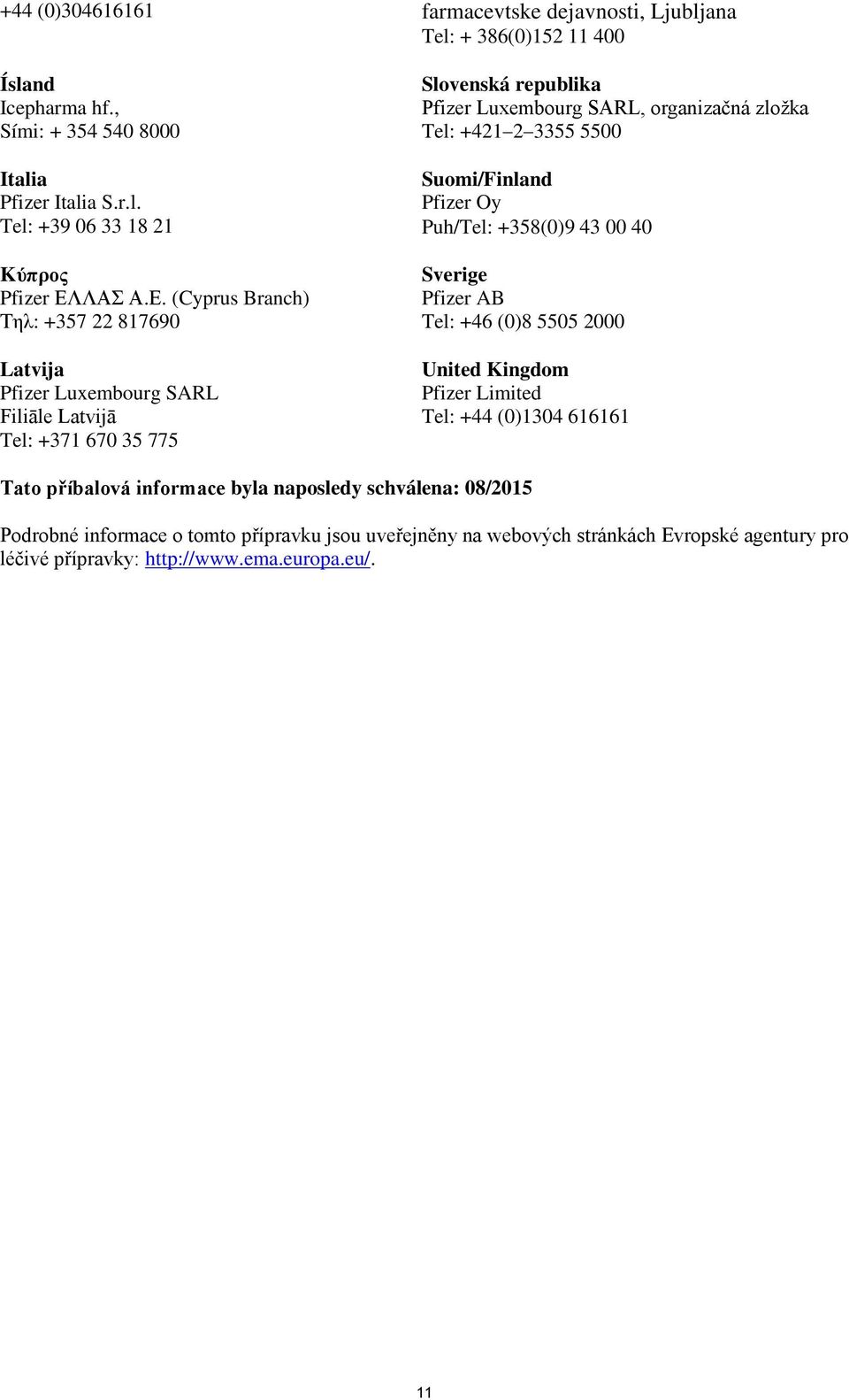 Ε. (Cyprus Branch) Pfizer AB Τηλ: +357 22 817690 Tel: +46 (0)8 5505 2000 Latvija Pfizer Luxembourg SARL Filiāle Latvijā Tel: +371 670 35 775 United Kingdom Pfizer Limited Tel: +44