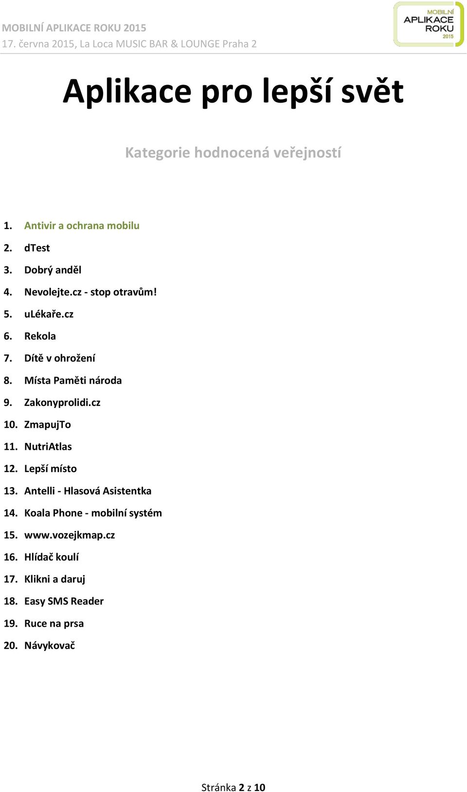 NutriAtlas 12. Lepší místo 13. Antelli - Hlasová Asistentka 14. Koala Phone - mobilní systém 15. www.