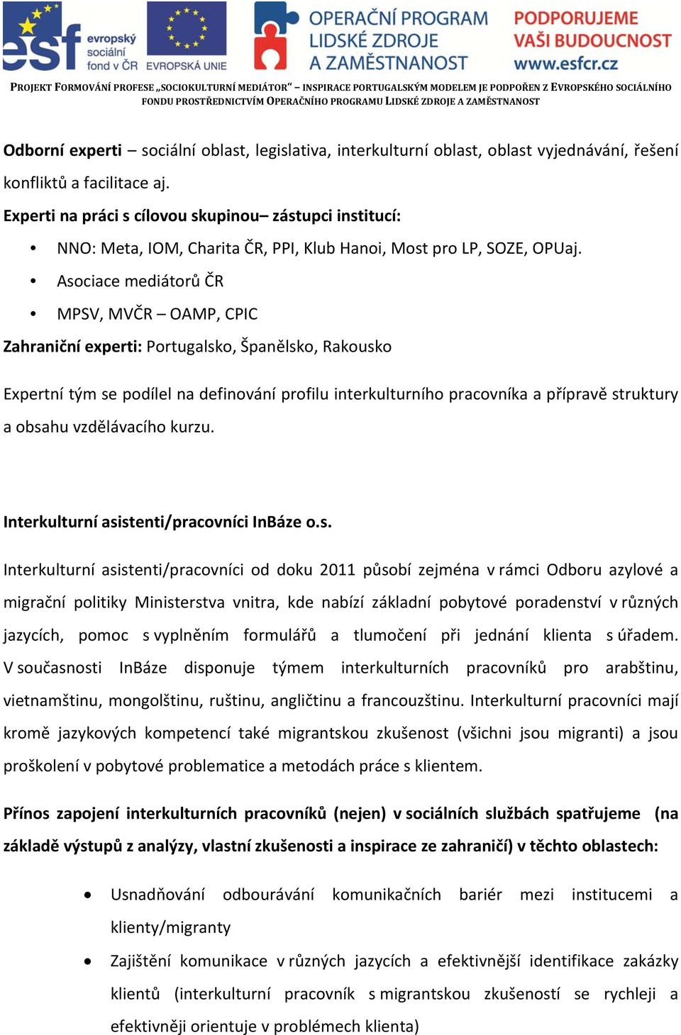 Experti na práci s cílovou skupinou zástupci institucí: NNO: Meta, IOM, Charita ČR, PPI, Klub Hanoi, Most pro LP, SOZE, OPUaj.