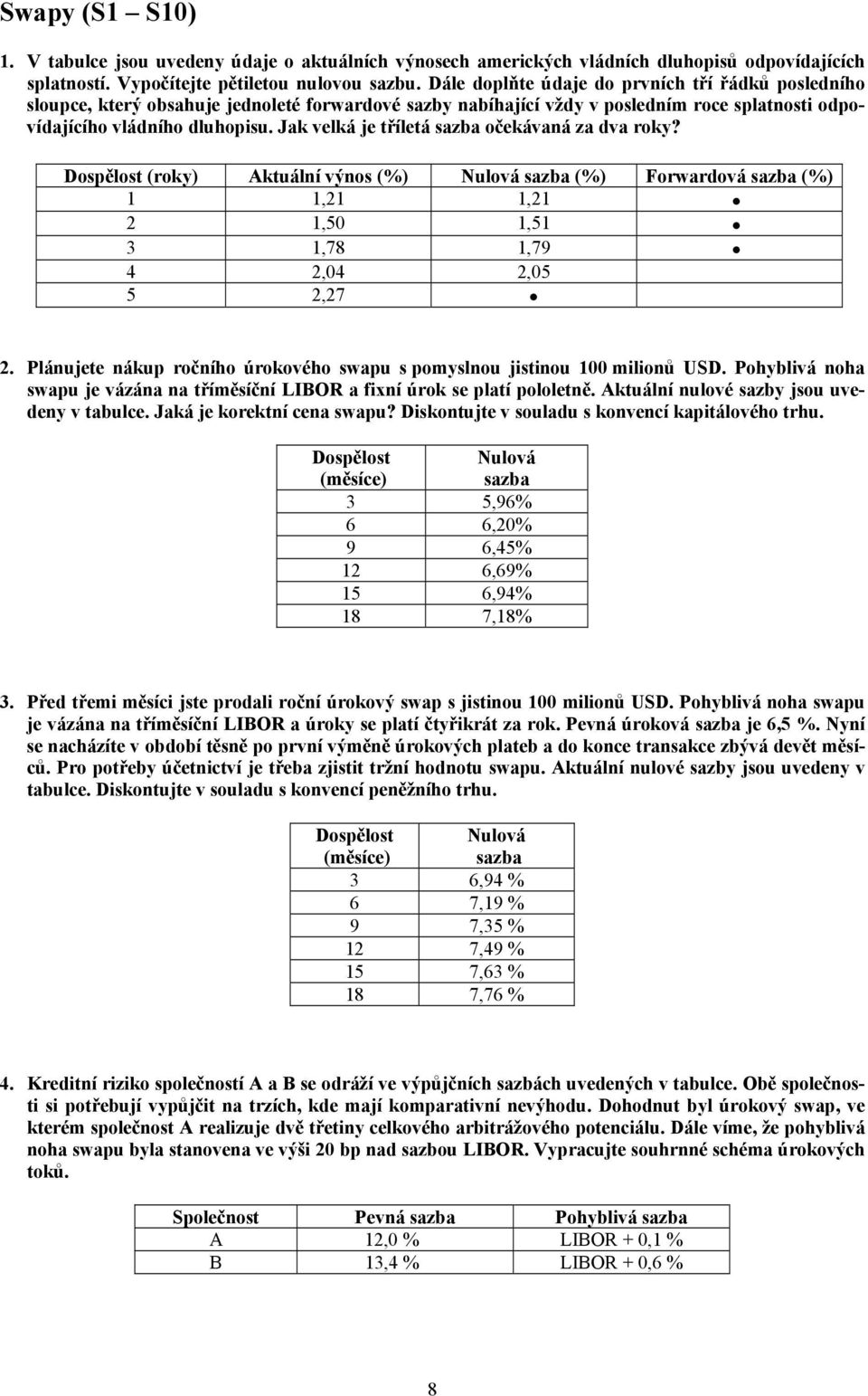 Jak velká je tříletá sazba očekávaná za dva roky? Dospělost (roky) Aktuální výnos (%) Nulová sazba (%) Forwardová sazba (%) 1 1,21 1,21 2 1,50 1,51 3 1,78 1,79 4 2,04 2,05 5 2,27 2.