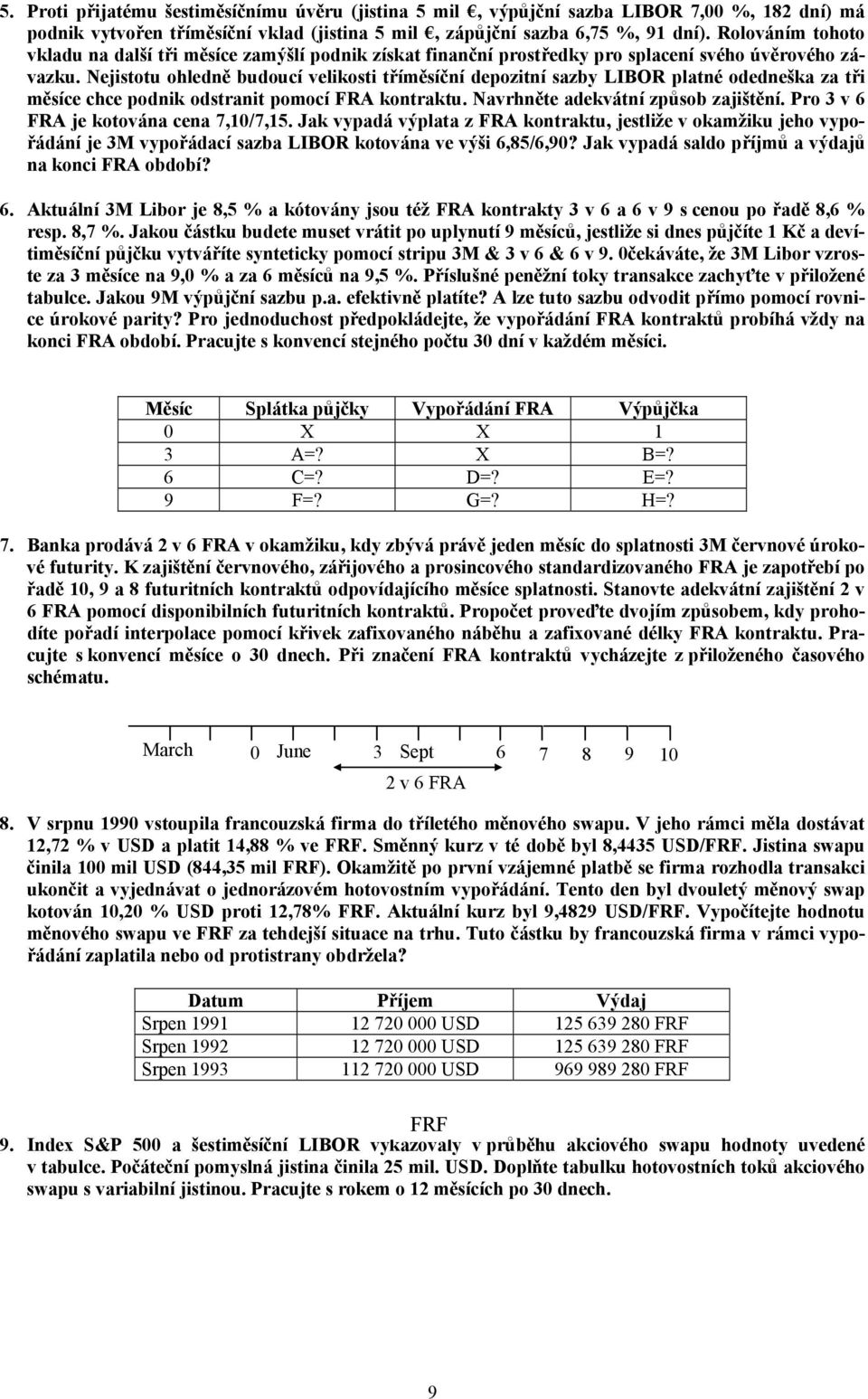 Nejistotu ohledně budoucí velikosti tříměsíční depozitní sazby LIBOR platné odedneška za tři měsíce chce podnik odstranit pomocí FRA kontraktu. Navrhněte adekvátní způsob zajištění.
