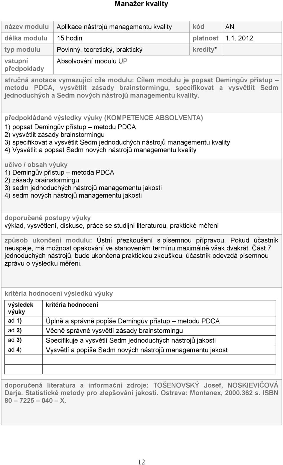 1. 2012 typ modulu Povinný, teoretický, praktický kredity* vstupní předpoklady Absolvování modulu UP stručná anotace vymezující cíle modulu: Cílem modulu je popsat Demingův přístup metodu PDCA,