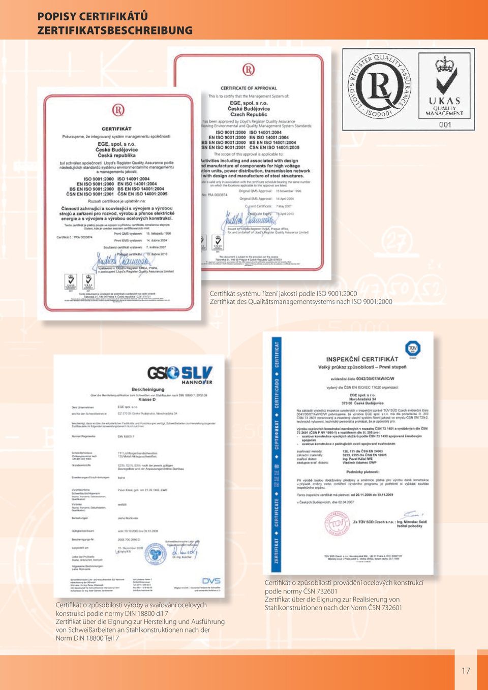 zur Herstellung und Ausführung von Schweißarbeiten an Stahlkonstruktionen nach der Norm DIN 18800 Teil 7 Certifikát o způsobilosti provádění