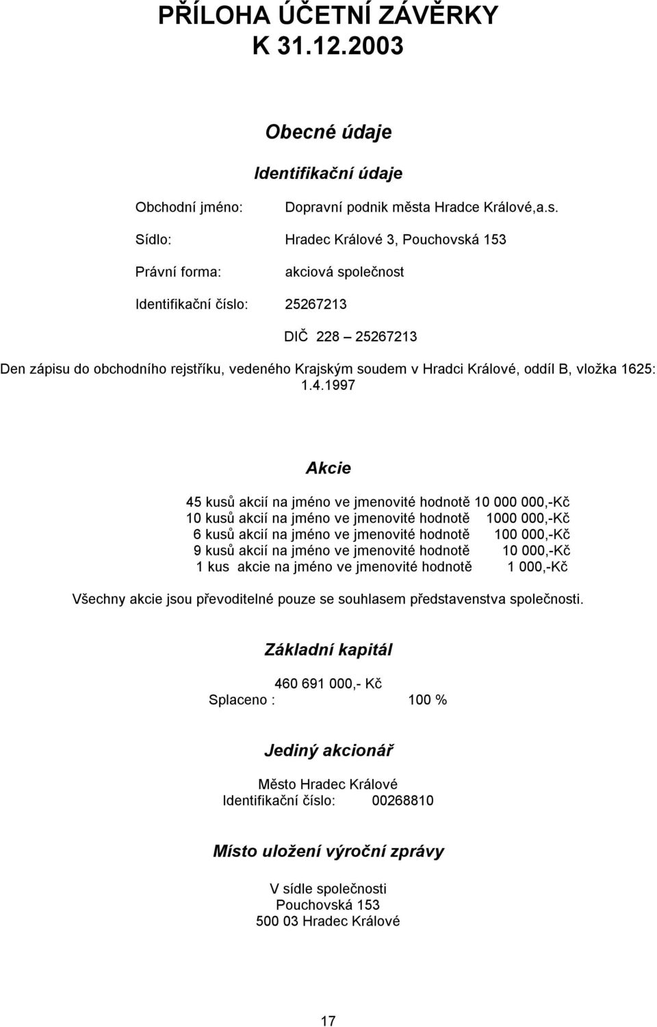 Sídlo: Hradec Králové 3, Pouchovská 153 Právní forma: akciová společnost Identifikační číslo: 25267213 DIČ 228 25267213 Den zápisu do obchodního rejstříku, vedeného Krajským soudem v Hradci Králové,