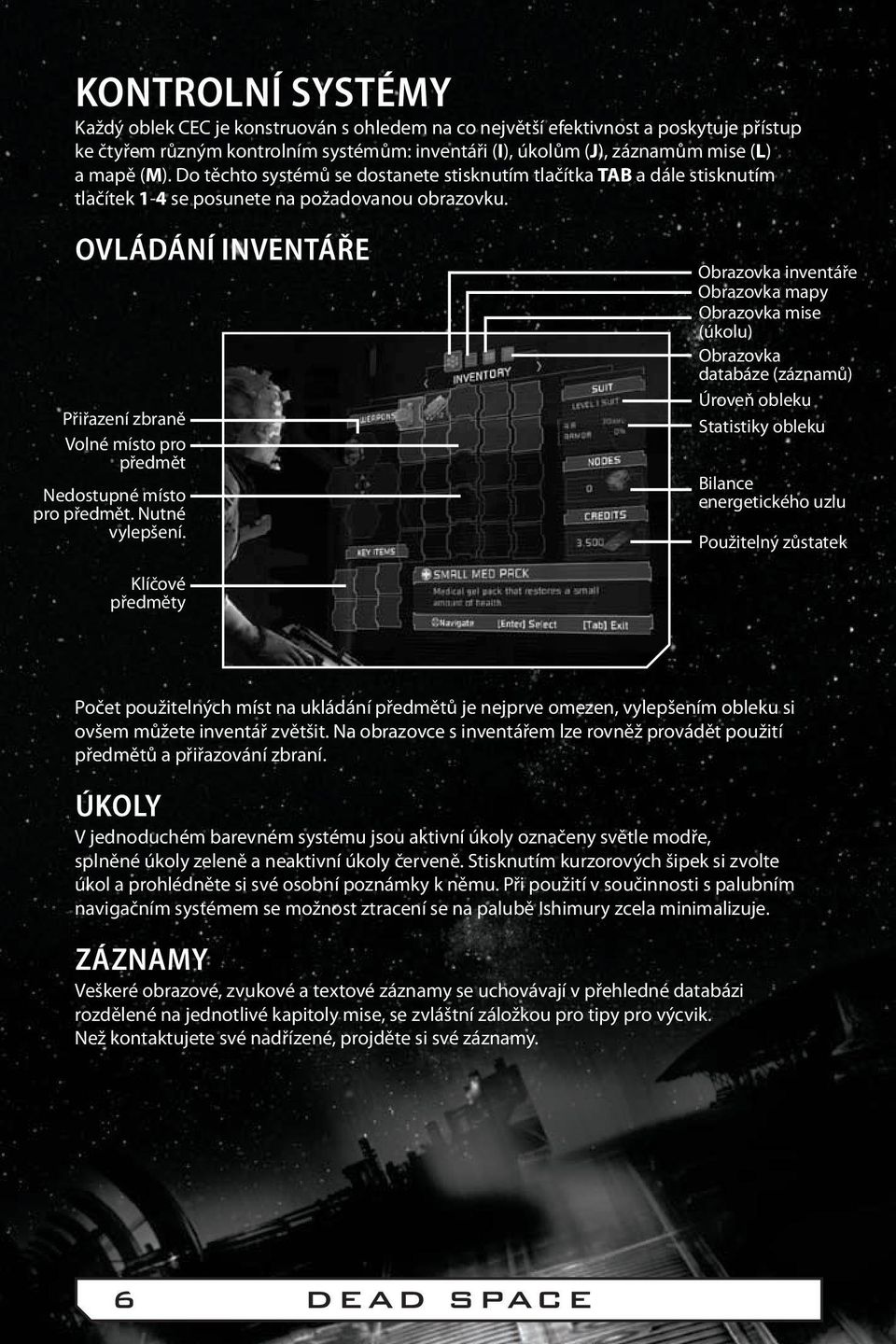 Ovládání inventáře Přiřazení zbraně Volné místo pro předmět Nedostupné místo pro předmět. Nutné vylepšení.