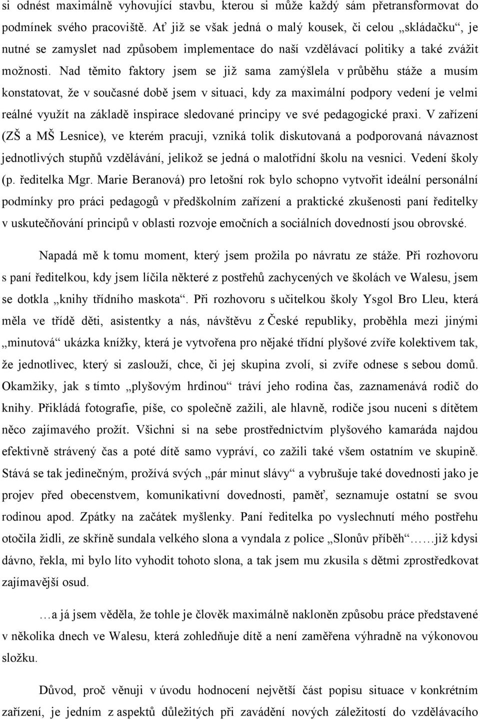 Nad těmito faktory jsem se již sama zamýšlela v průběhu stáže a musím konstatovat, že v současné době jsem v situaci, kdy za maximální podpory vedení je velmi reálné využít na základě inspirace