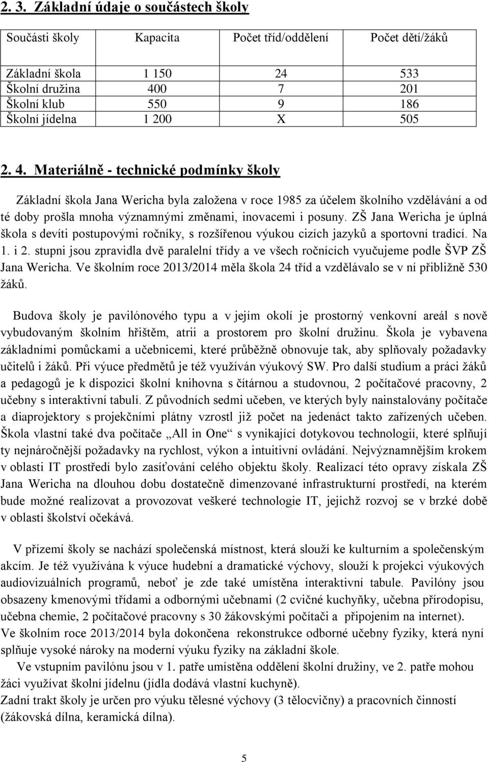 ZŠ Jana Wericha je úplná škola s devíti postupovými ročníky, s rozšířenou výukou cizích jazyků a sportovní tradicí. Na 1. i 2.