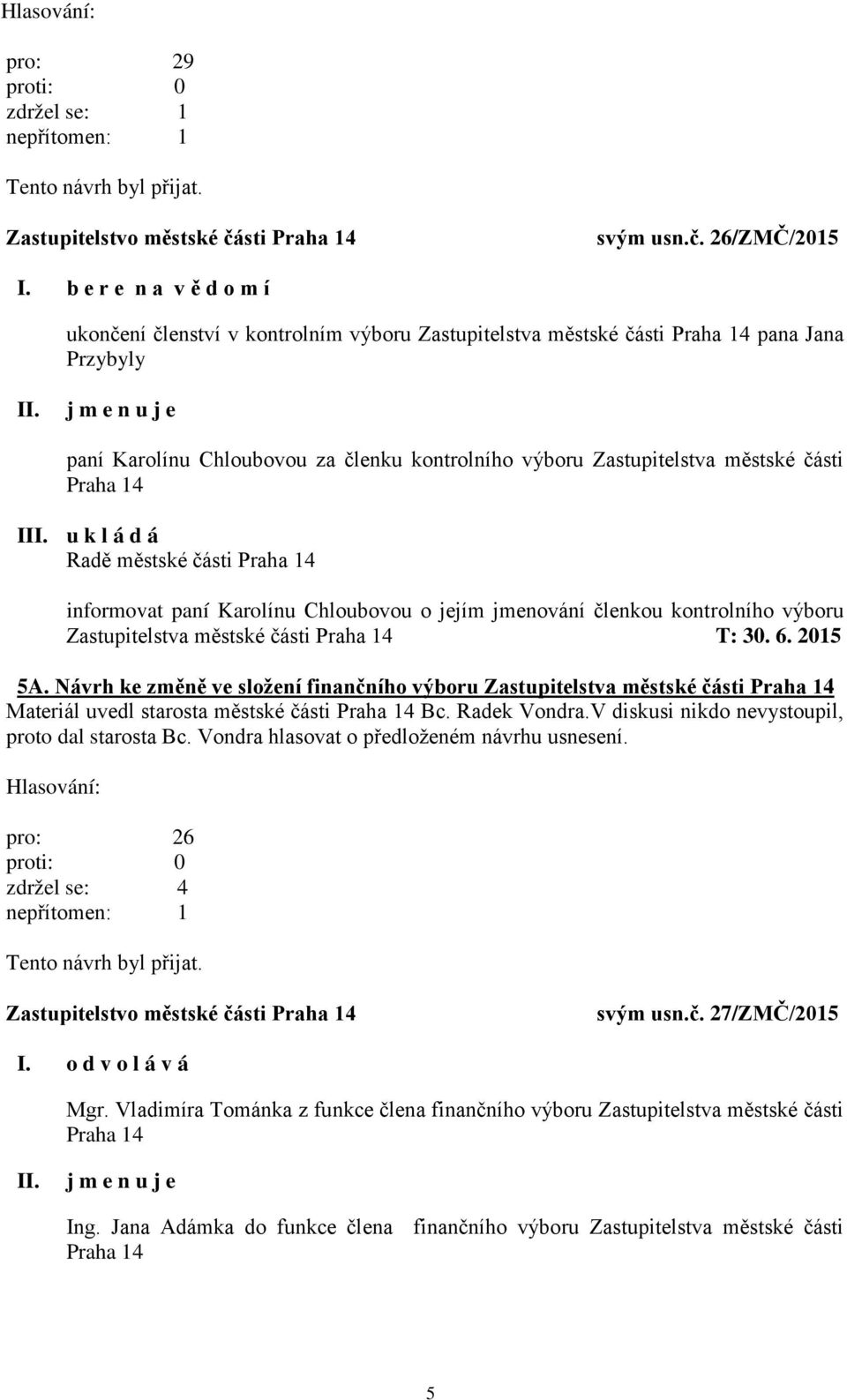 Zastupitelstva městské části Praha 14 I informovat paní Karolínu Chloubovou o jejím jmenování členkou kontrolního výboru Zastupitelstva městské části Praha 14 T: 30. 6. 2015 5A.