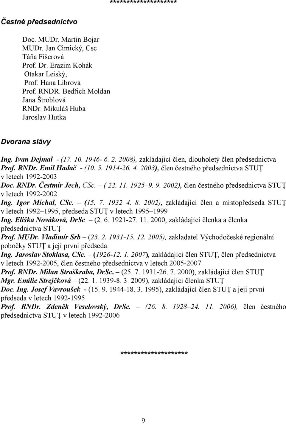 5. 1914-26. 4. 2003), člen čestného předsednictva STUŢ v letech 1992-2003 Doc. RNDr. Čestmír Jech, CSc. ( 22. 11. 1925 9. 9. 2002), člen čestného předsednictva STUŢ v letech 1992-2002 Ing.