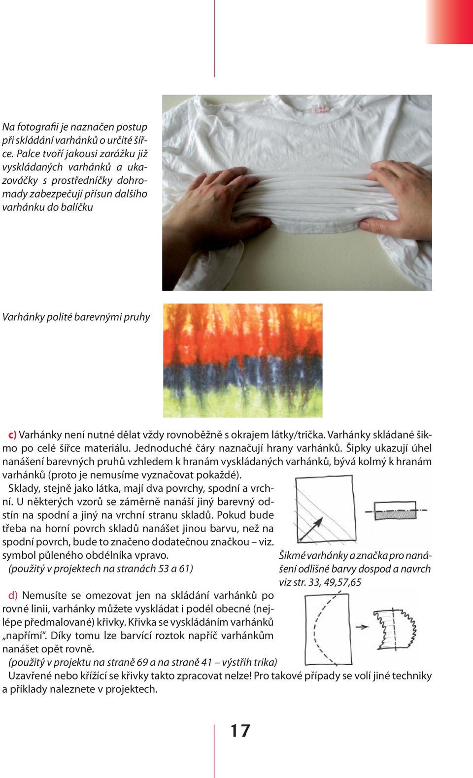 dělat vždy rovnoběžně s okrajem látky/trička. Varhánky skládané šikmo po celé šířce materiálu. Jednoduché čáry naznačují hrany varhánků.