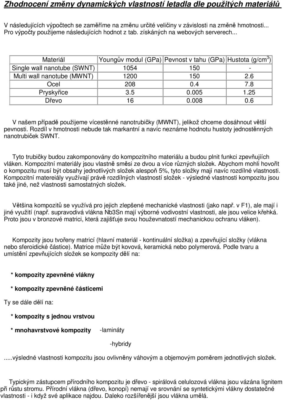 .. Materiál Youngův modul (GPa) Pevnost v tahu (GPa) Hustota (g/cm 3 ) Single wall nanotube (SWNT) 1054 150 - Multi wall nanotube (MWNT) 1200 150 2.6 Ocel 208 0.4 7.8 Pryskyřice 3.5 0.005 1.