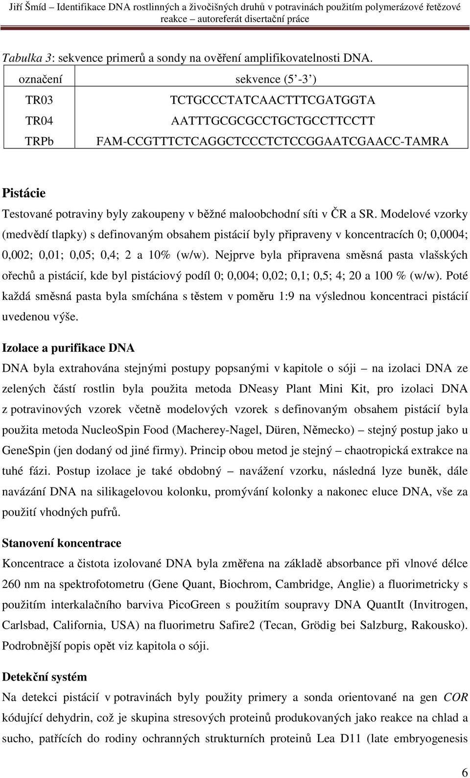 maloobchodní síti v ČR a SR. Modelové vzorky (medvědí tlapky) s definovaným obsahem pistácií byly připraveny v koncentracích 0; 0,0004; 0,002; 0,01; 0,05; 0,4; 2 a 10% (w/w).