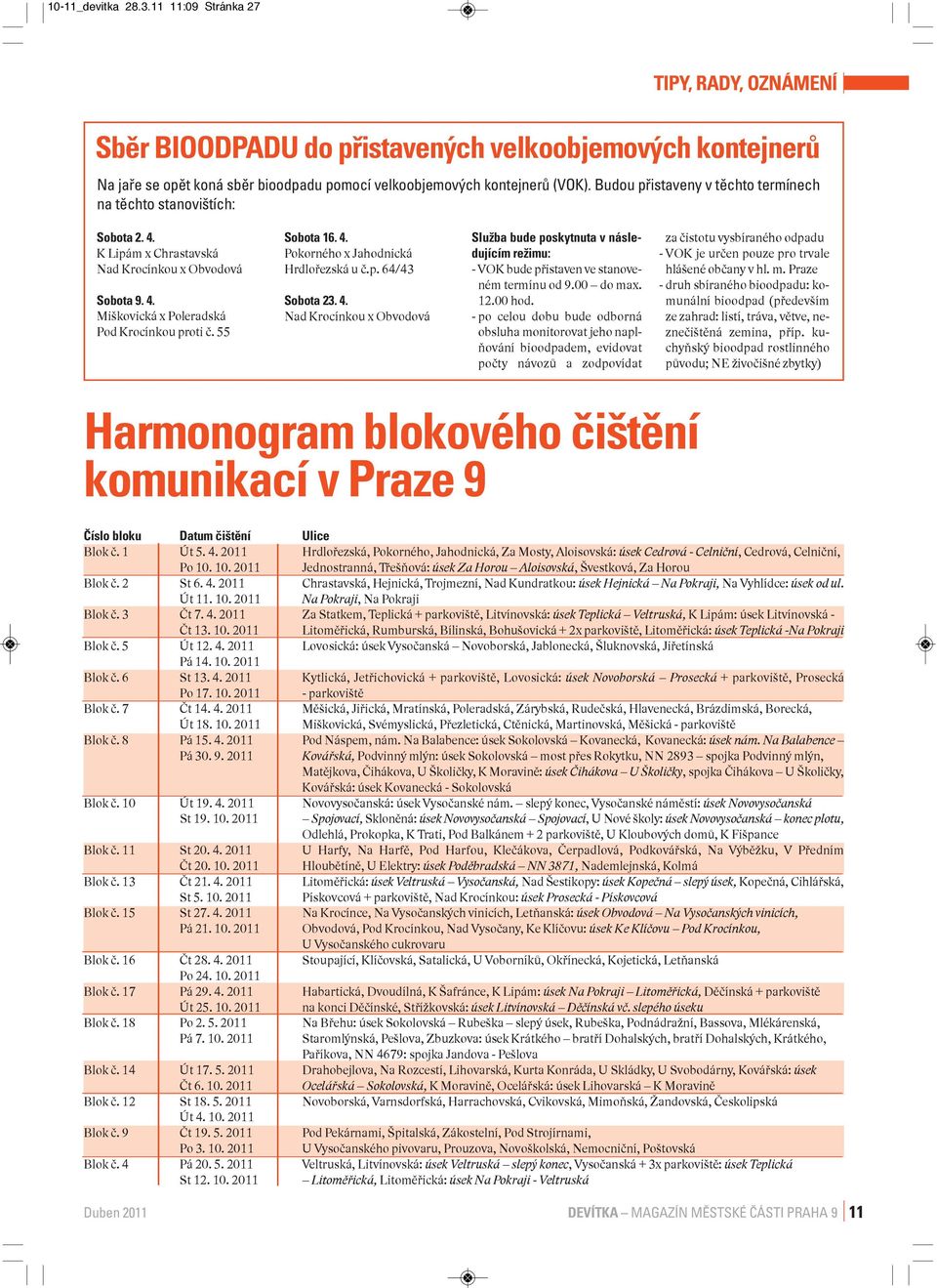 p. 64/43 Sobota 23. 4. Nad Krocínkou x Obvodová Služba bude poskytnuta v následujícím režimu: - VOK bude přistaven ve stanoveném termínu od 9.00 do max. 12.00 hod.