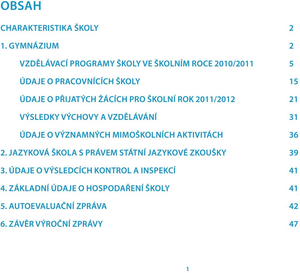 ŽÁCÍCH PRO ŠKOLNÍ ROK 2011/2012 21 VÝSLEDKY VÝCHOVY A VZDĚLÁVÁNÍ 31 ÚDAJE O VÝZNAMNÝCH MIMOŠKOLNÍCH AKTIVITÁCH 36