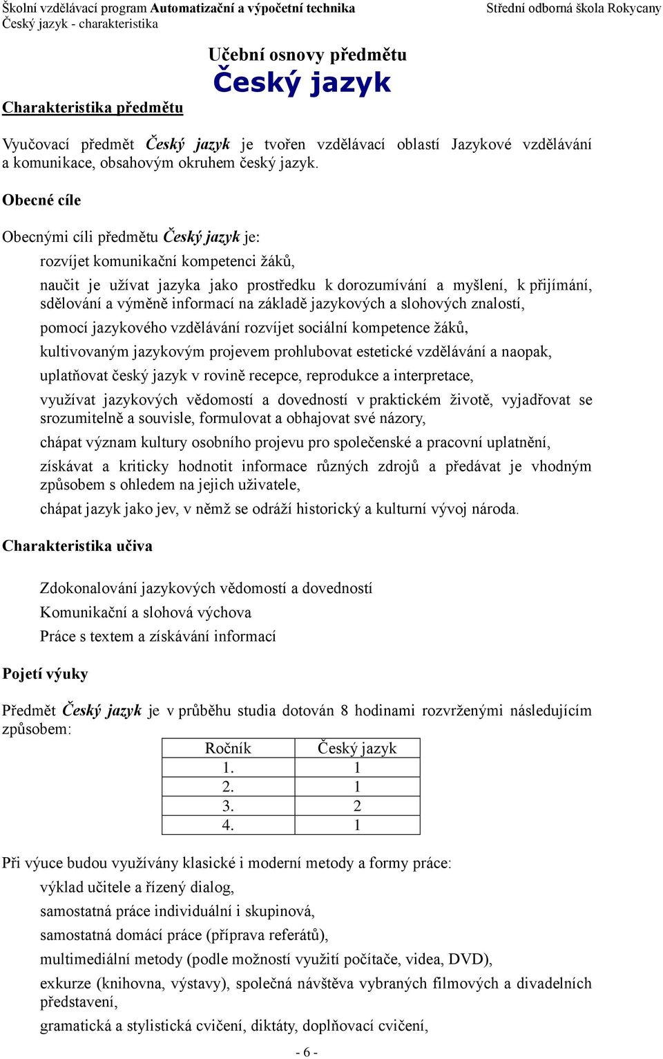 Obecné cíle Obecnými cíli předmětu Český jazyk je: rozvíjet komunikační kompetenci žáků, naučit je užívat jazyka jako prostředku k dorozumívání a myšlení, k přijímání, sdělování a výměně informací na