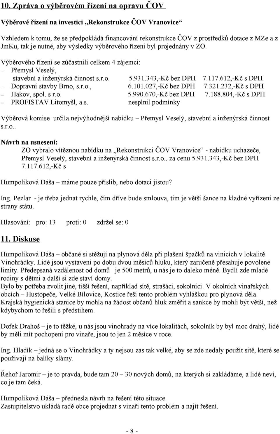 612,-Kč s DPH Dopravní stavby Brno, s.r.o., 6.101.027,-Kč bez DPH 7.321.232,-Kč s DPH Hakov, spol. s r.o. 5.990.670,-Kč bez DPH 7.188.804,-Kč s DPH PROFISTAV Litomyšl, a.s. nesplnil podmínky Výběrová komise určila nejvýhodnější nabídku Přemysl Veselý, stavební a inženýrská činnost s.