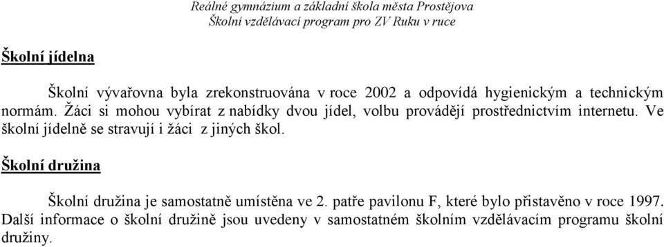 Ve školní jídelně se stravují i žáci z jiných škol. Školní družina Školní družina je samostatně umístěna ve 2.